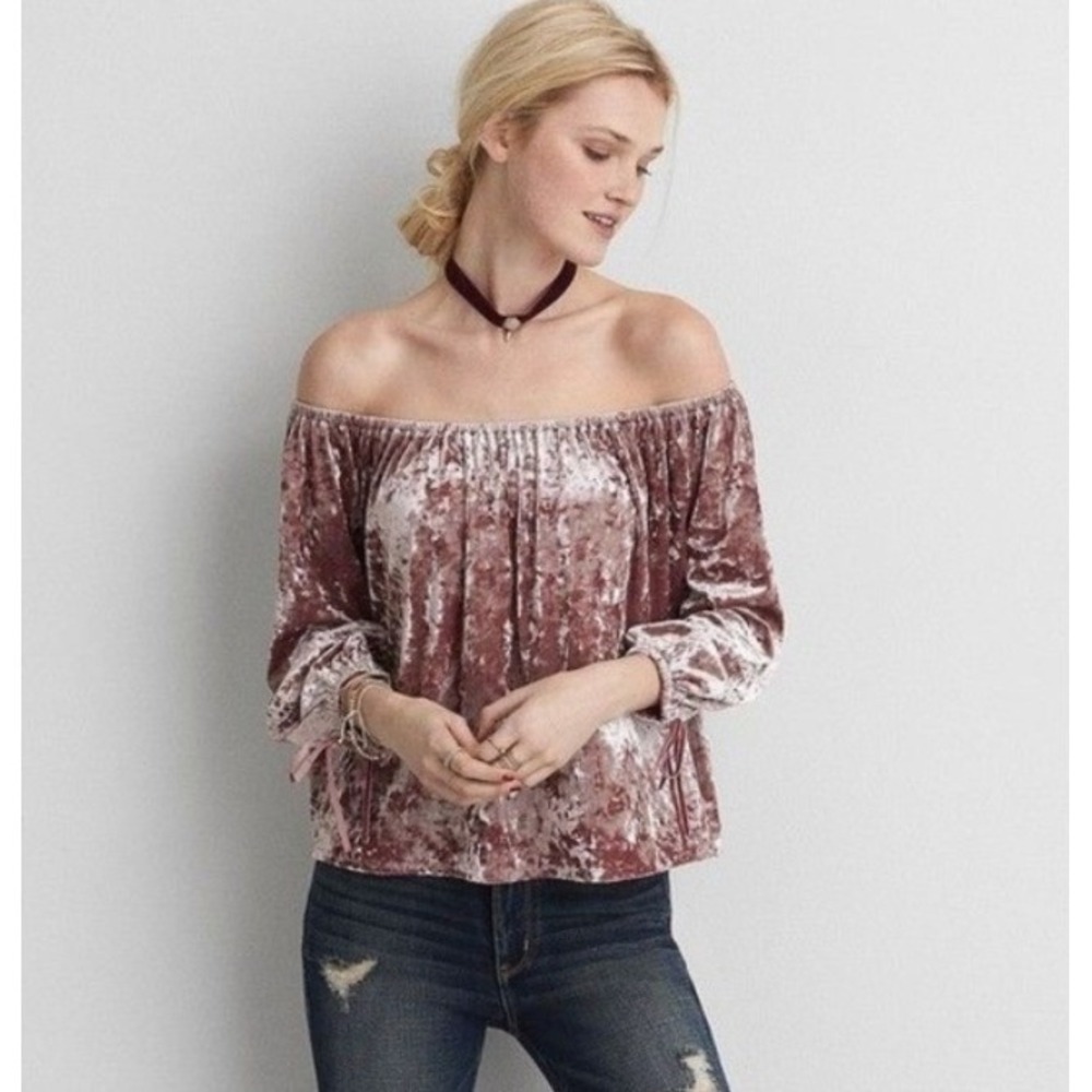 American Eagle Outfitters Crushed Velvet Off Shoulder 3/4 Tie‎ Sleeve Top M